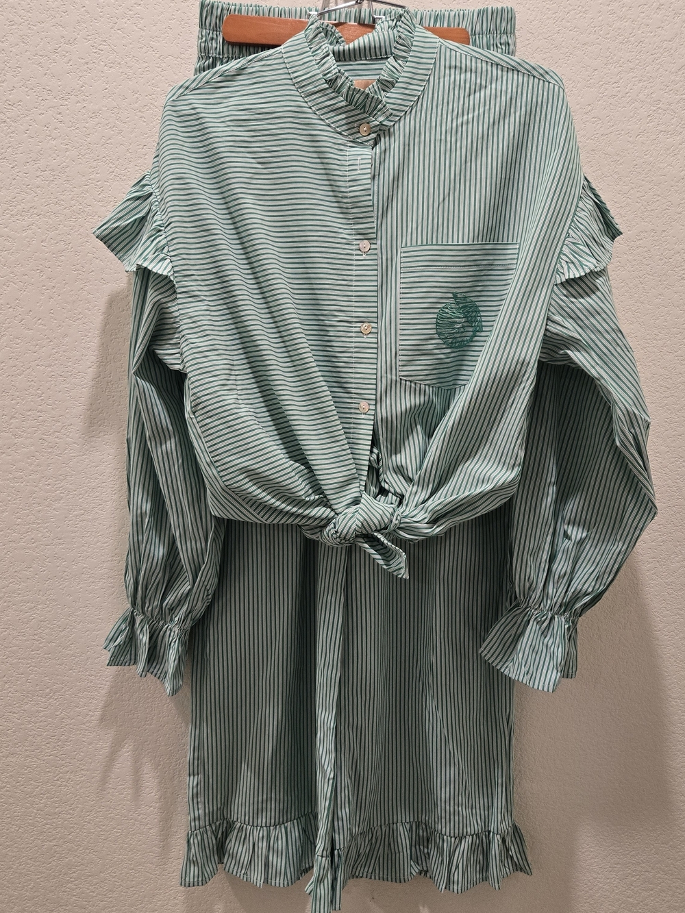 New Striped Ruffle Pantsuit in Mint Green And White